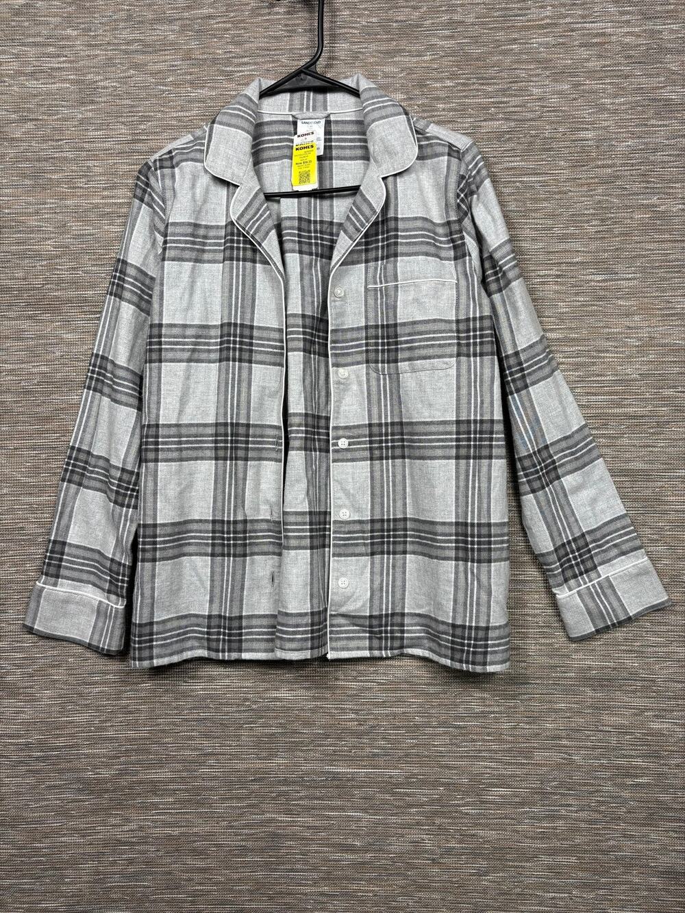 Lands' End Pajama Top Womens XS Gray Plaid Flannel Button Front Sleepwear